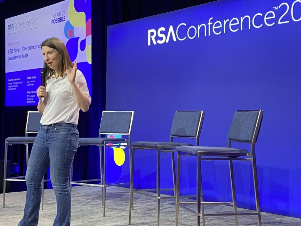 Maggie MacAlpine, Seceon’s Director of Cybersecurity Partnerships and Evangelism, on stage at the RSA Sandbox